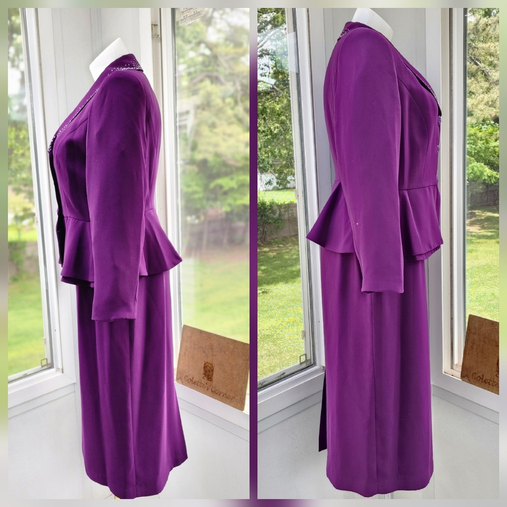 EY Signature Plum Peplum Sequience Studded Blazer & Long Skirt Suit Set - Picture 8 of 16